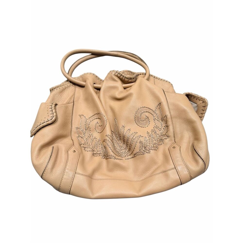 COLE HAAN Embroidered Whipstitching Tan Brown Pebbled Leather Shoulder Hobo Bag